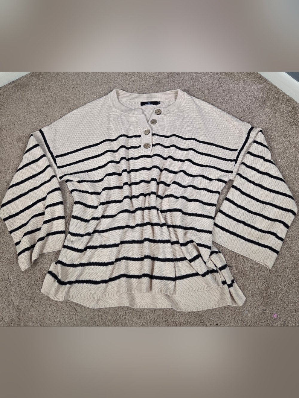 Striped Cream Henley Knit Sweater with Black Trim